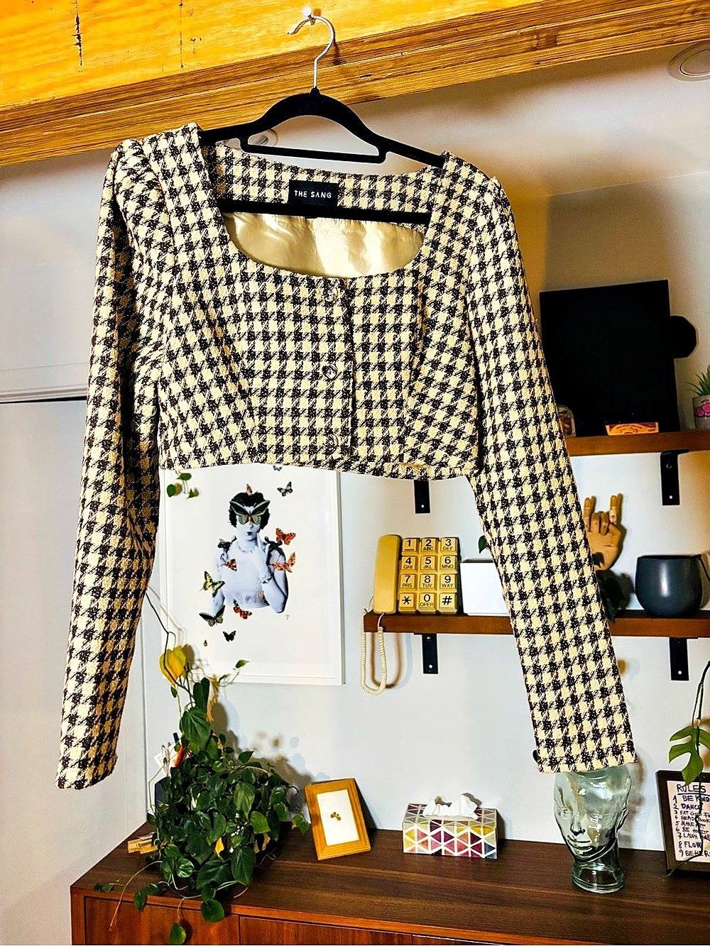 THE SANG Houndstooth Cropped Tweed Jacket / Blazer - Size S
